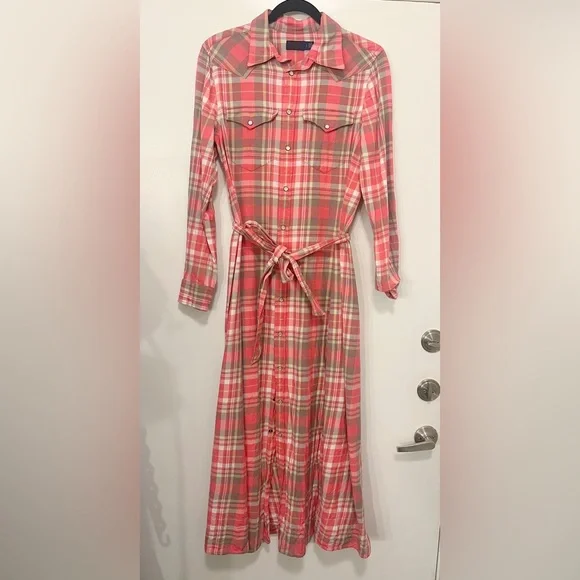 Polo Ralph Lauren long sleeve collar checked plaid pink maxi dress - Picture 4 of 7